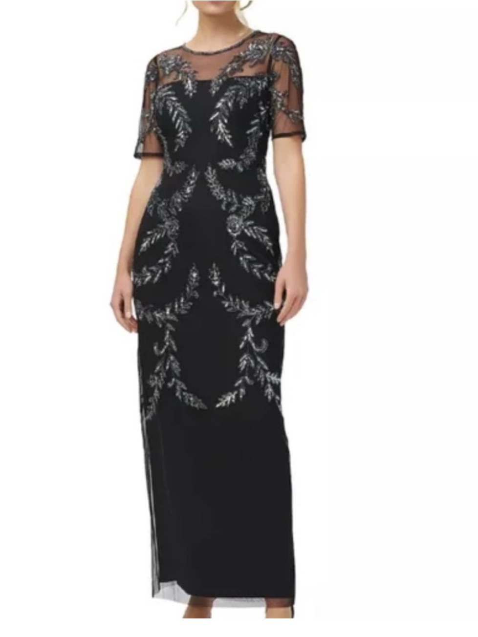 Black Beaded Evening Gown With Sheer Yoke